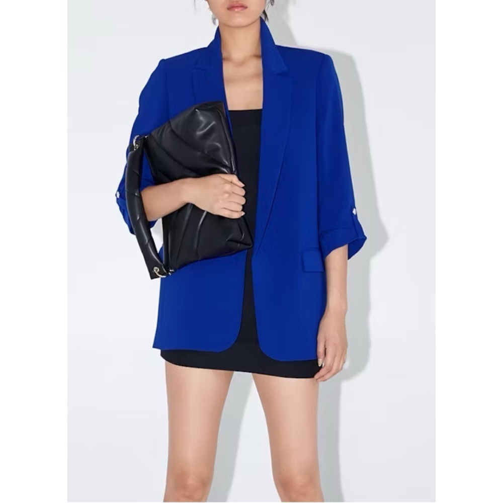 ZARA Cobalt Blue Oversized Roll Sleeve Open Front Blazer Size Small